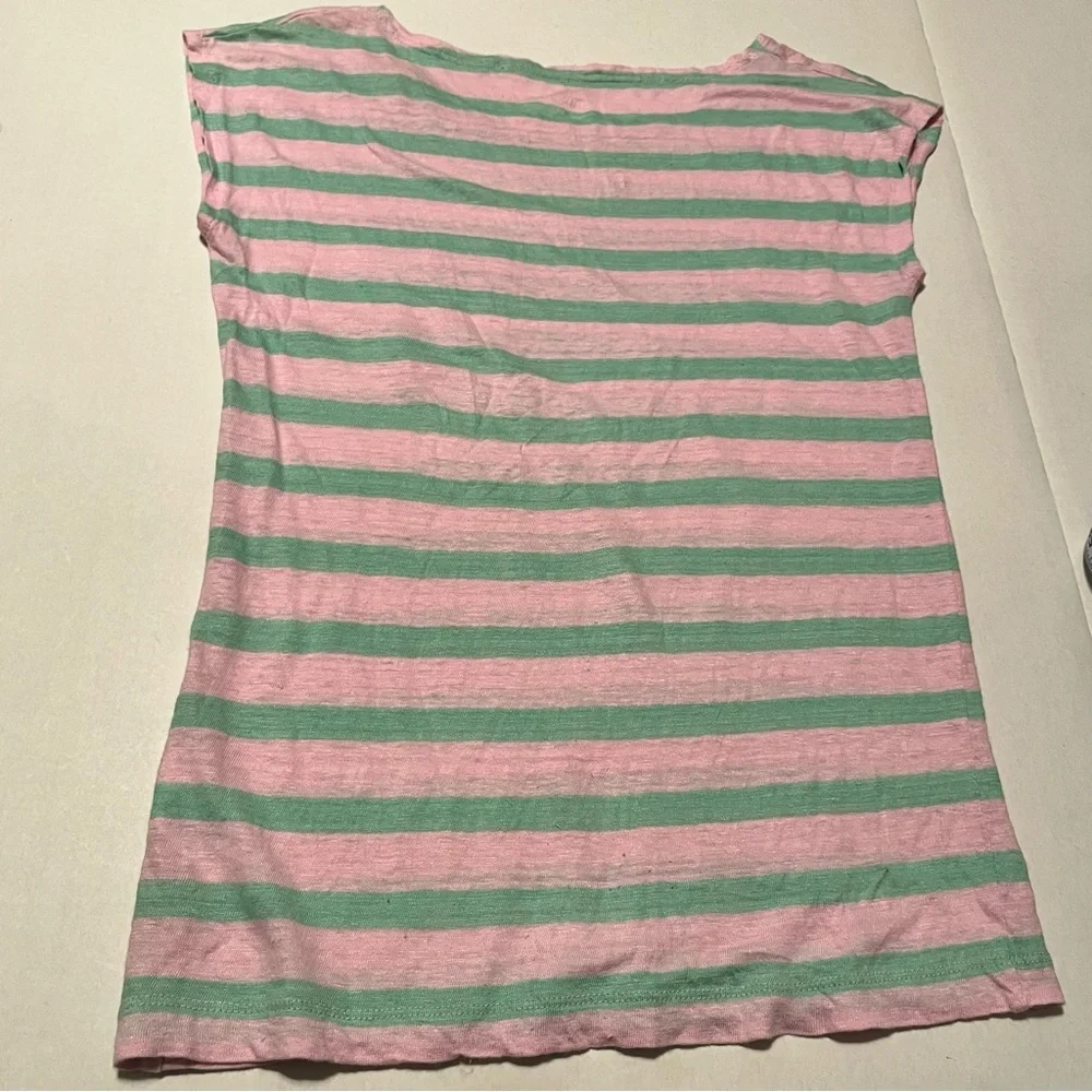 J. Crew Pink Green‎ Stripe 100% Linen Cap Sleeve Pocket Shirt Top Size XS *FLAW*